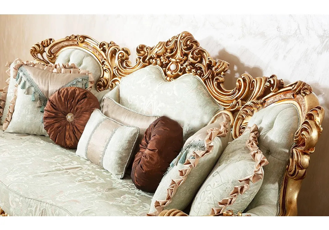 zoom view of wooden carving on sofa